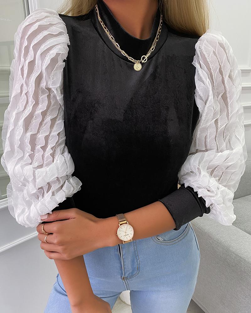 

Colorblock Long Sleeve Ruched Blouse, Black