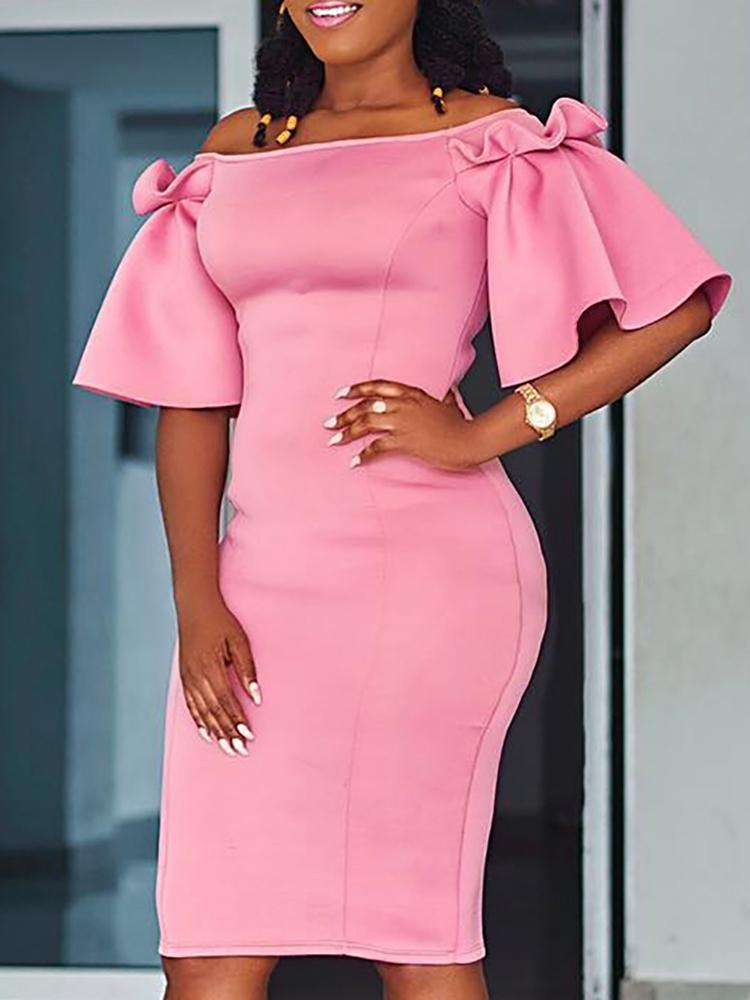 

Off Shoulder Ruffles Design Bodycon Dress, Pink