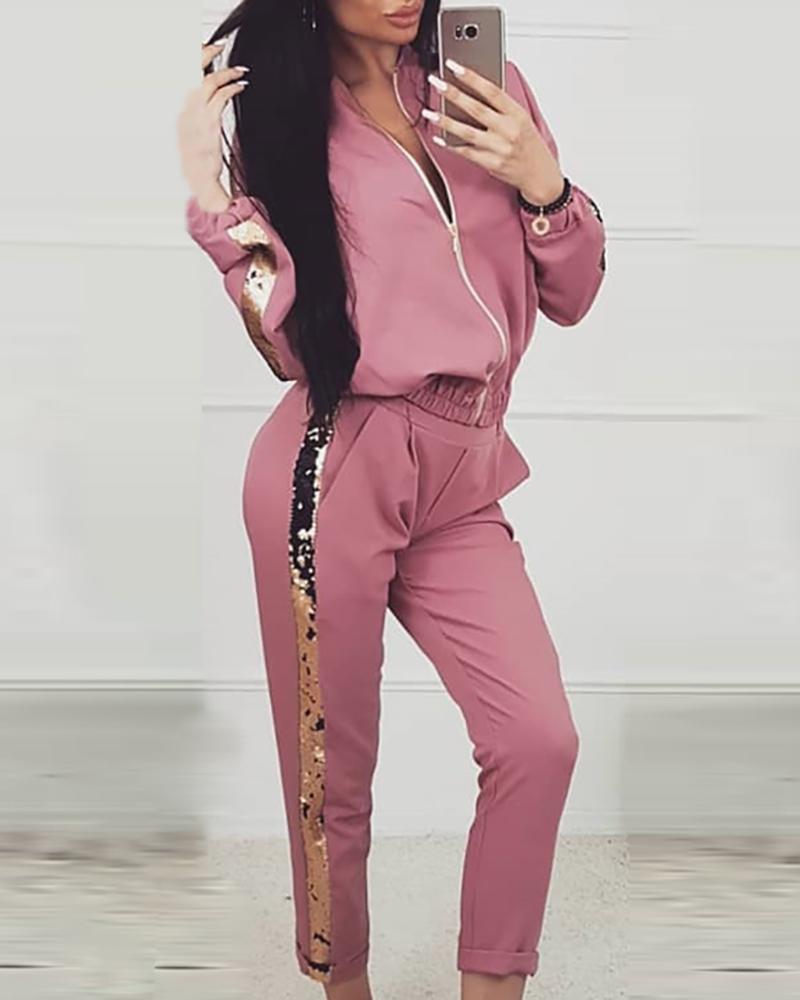

Zipper Design Sequin Casual Top & Pant Sets, Pink