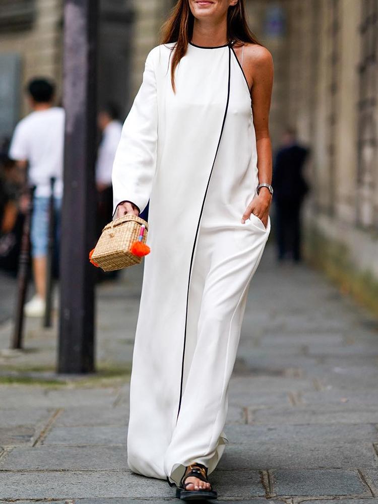 

Contrast Binding One Shoulder Pocket Jumpsuits, White