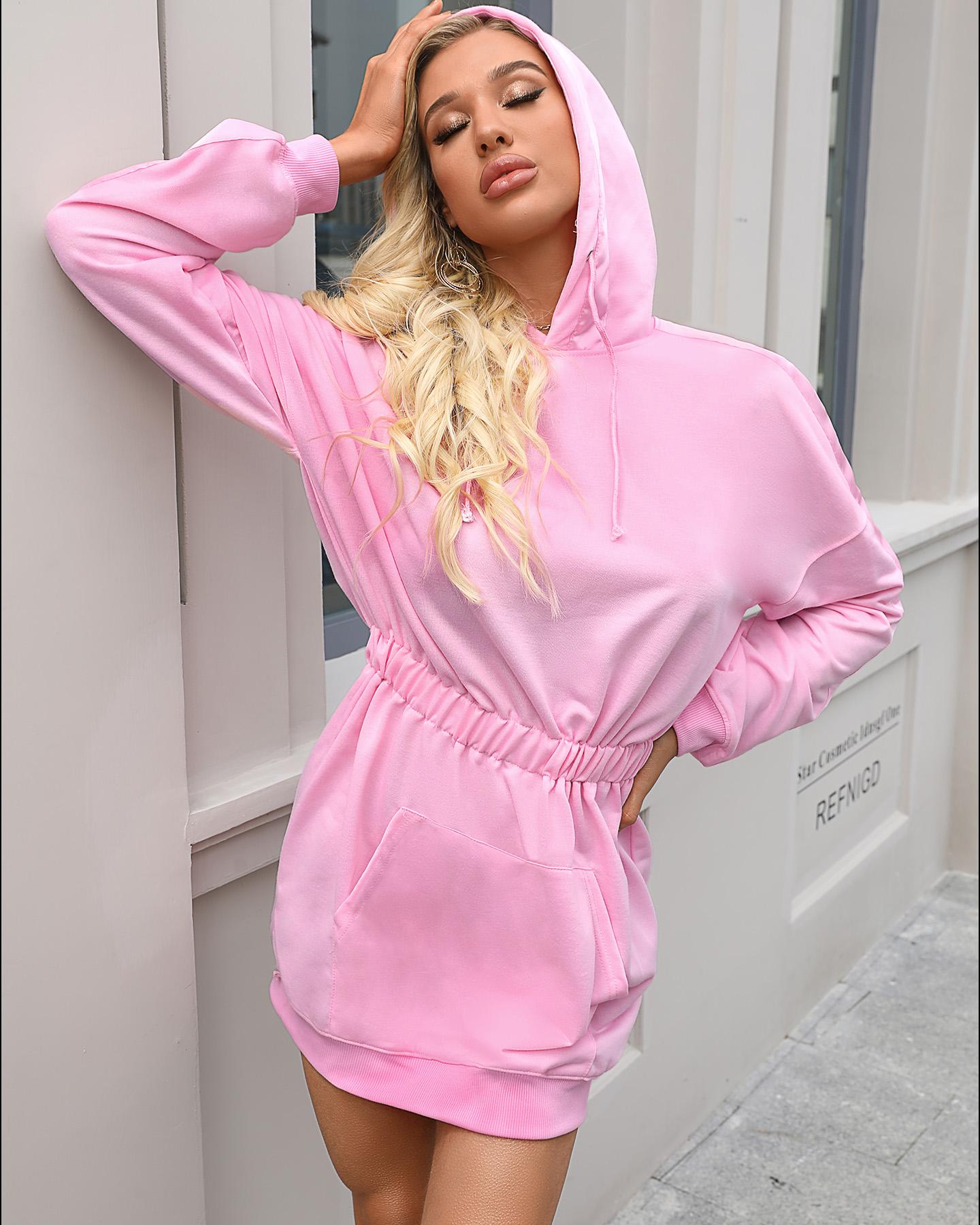 

Hooded Smock Waist Casual Dress, Pink