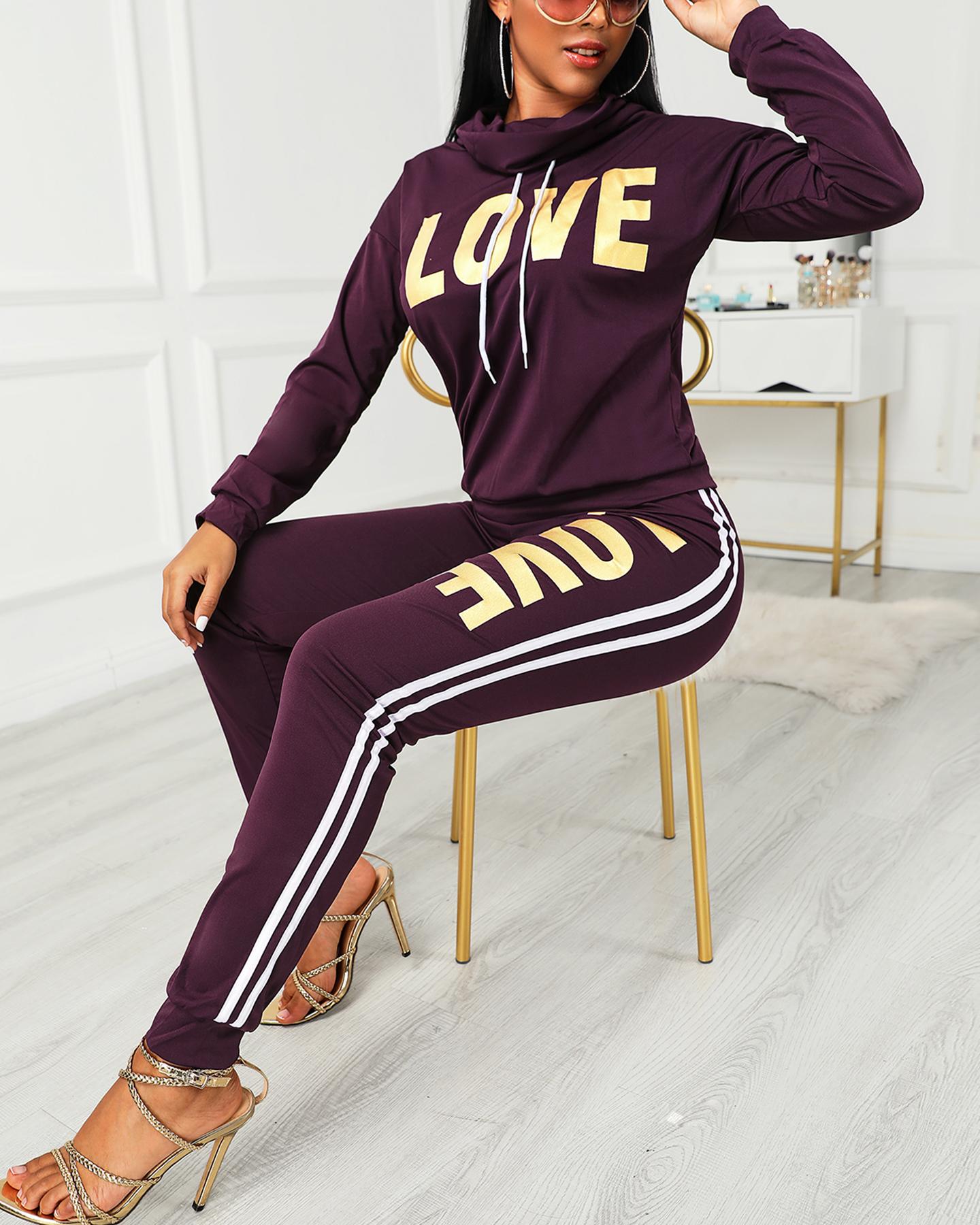 

Letter Print Heap Neck Top & Striped Tape Pants Set, Purple