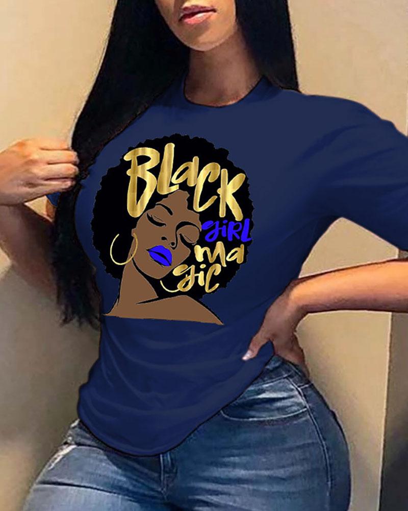 

Letter Figure Print Short Sleeve Casual T-shirt, Dark blue