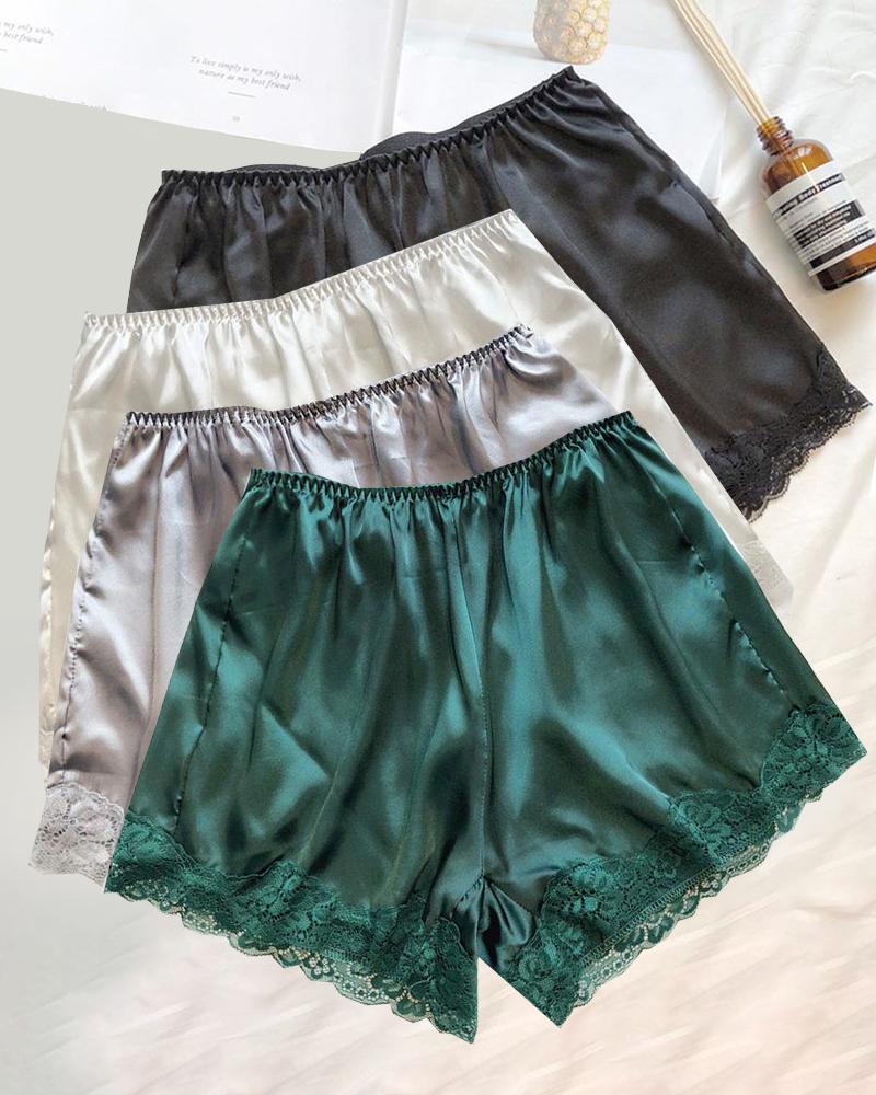 

Satin Lace Trim Homewear Shorts, Green