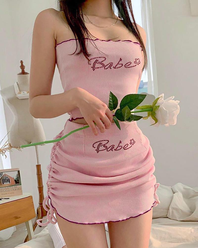

Studded Letter Bandeau Crop Top & Drawstring Ruched Skirt Set, Pink