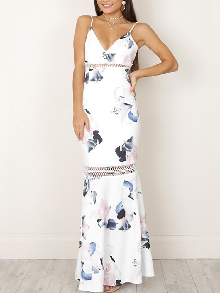 

Floral Print Deep V Backless Pleated Maxi Dress, White
