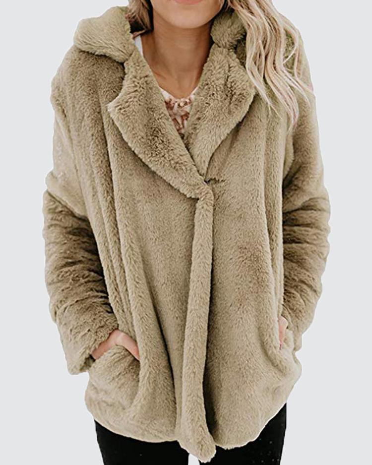 

Solid Fluffy Pocket Design Long Sleeve Coat, Apricot