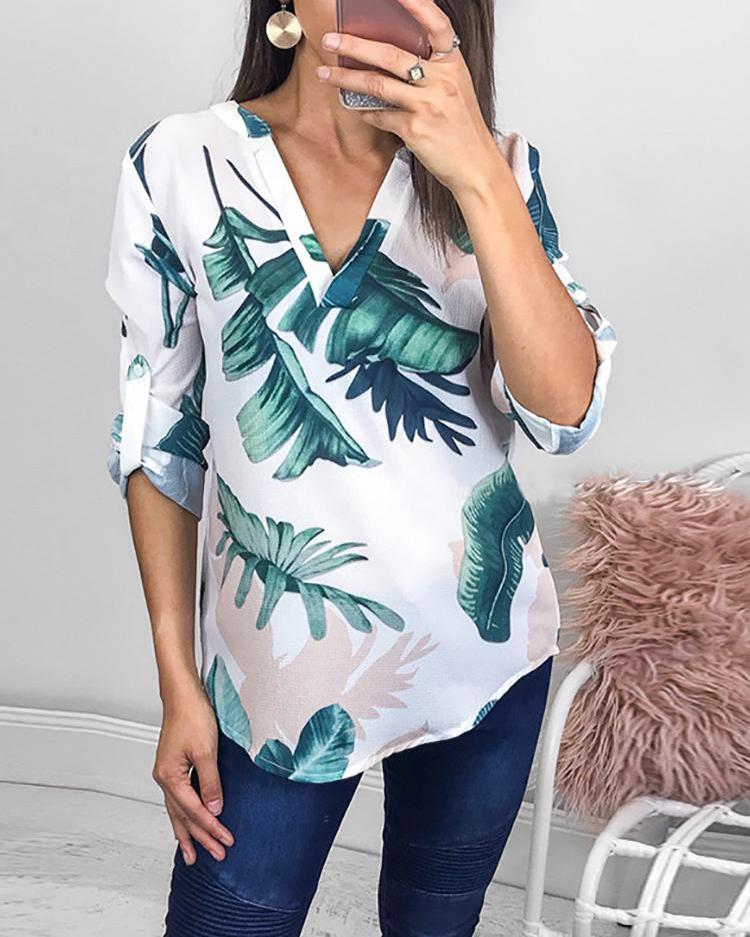 

Leaf Print V Neck Covered Hem Blouse, White