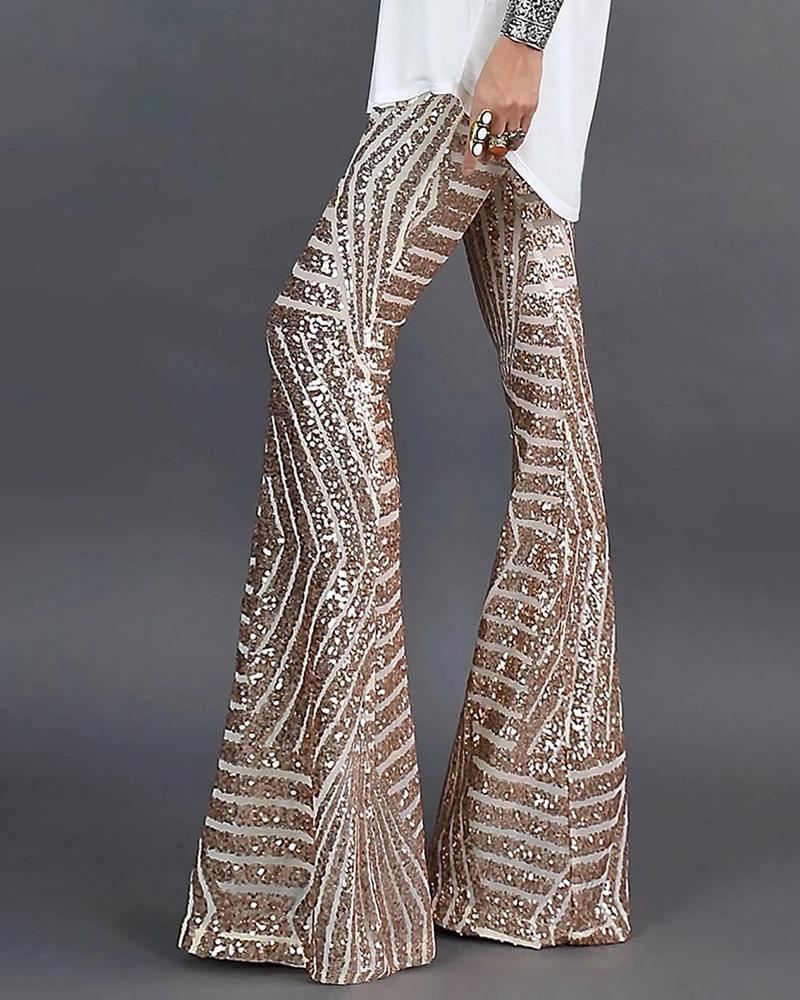 

Glitter High Waist Bell-bottomed Sequins Pants, Apricot