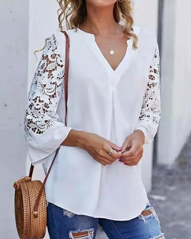 

V-neck Crochet Lace Casual Blouse, White