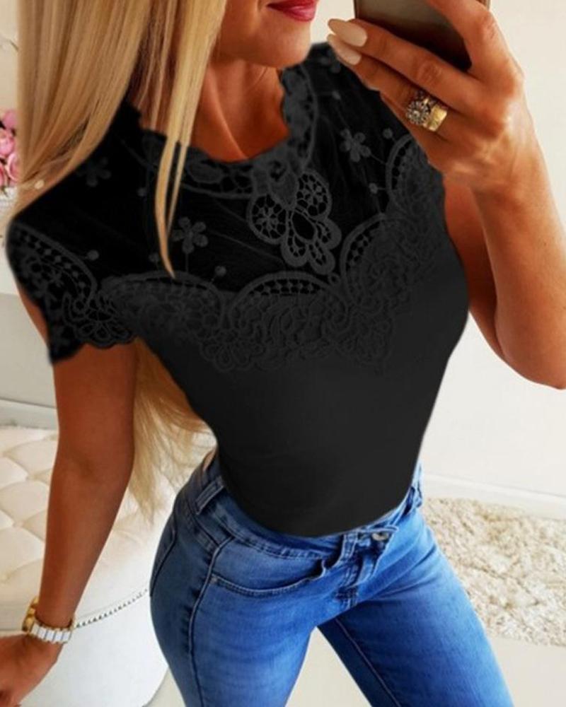

Solid Round Neck Lace Top, Black
