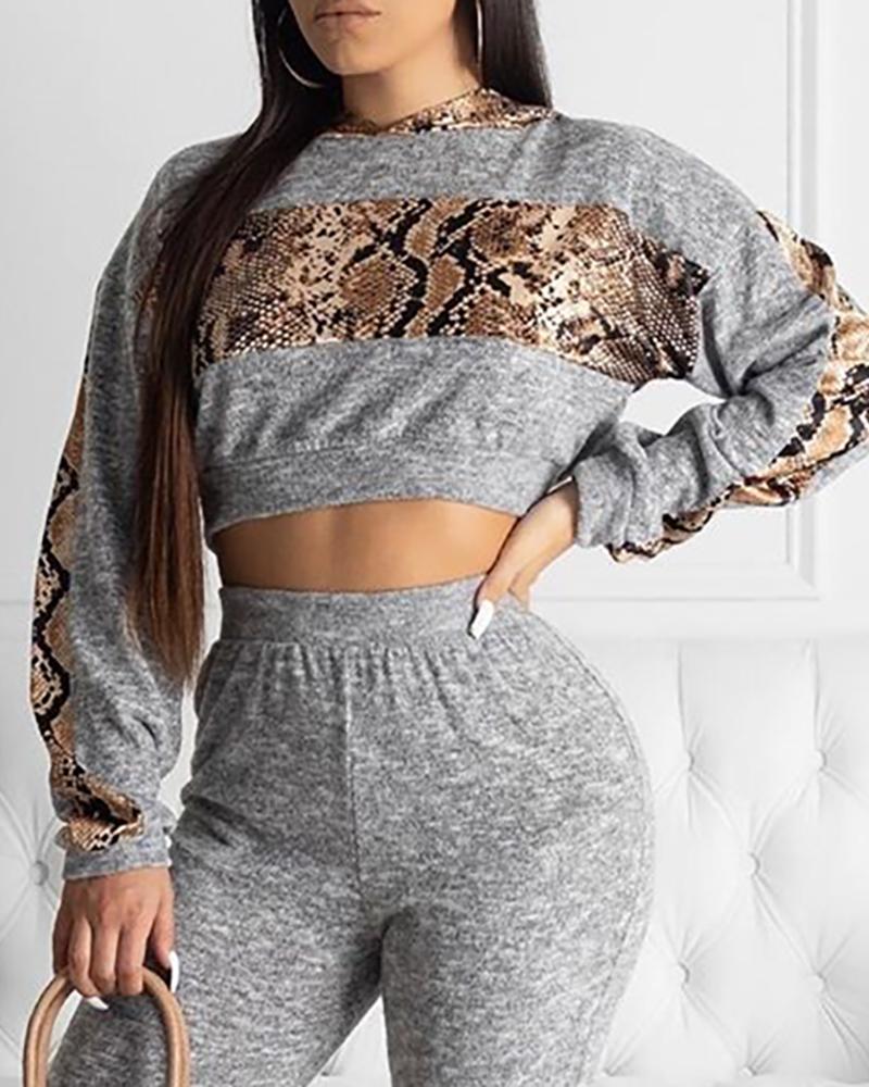 

Snakeskin Patchwork Long Sleeve Top & Pant Sets, Gray