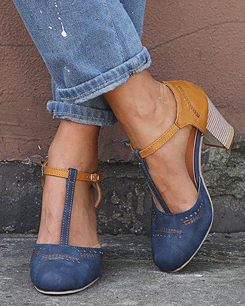 

Colorblock Ankle Buckled Chunky Heels, Blue