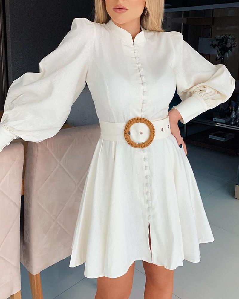 

Solid Puff Sleeve Buttoned Pleated Dress, White