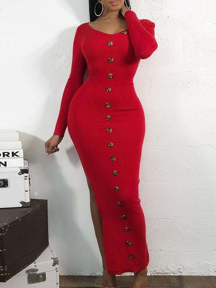 

Off Shoulder Ribbed Button Through Slit Dress, Red