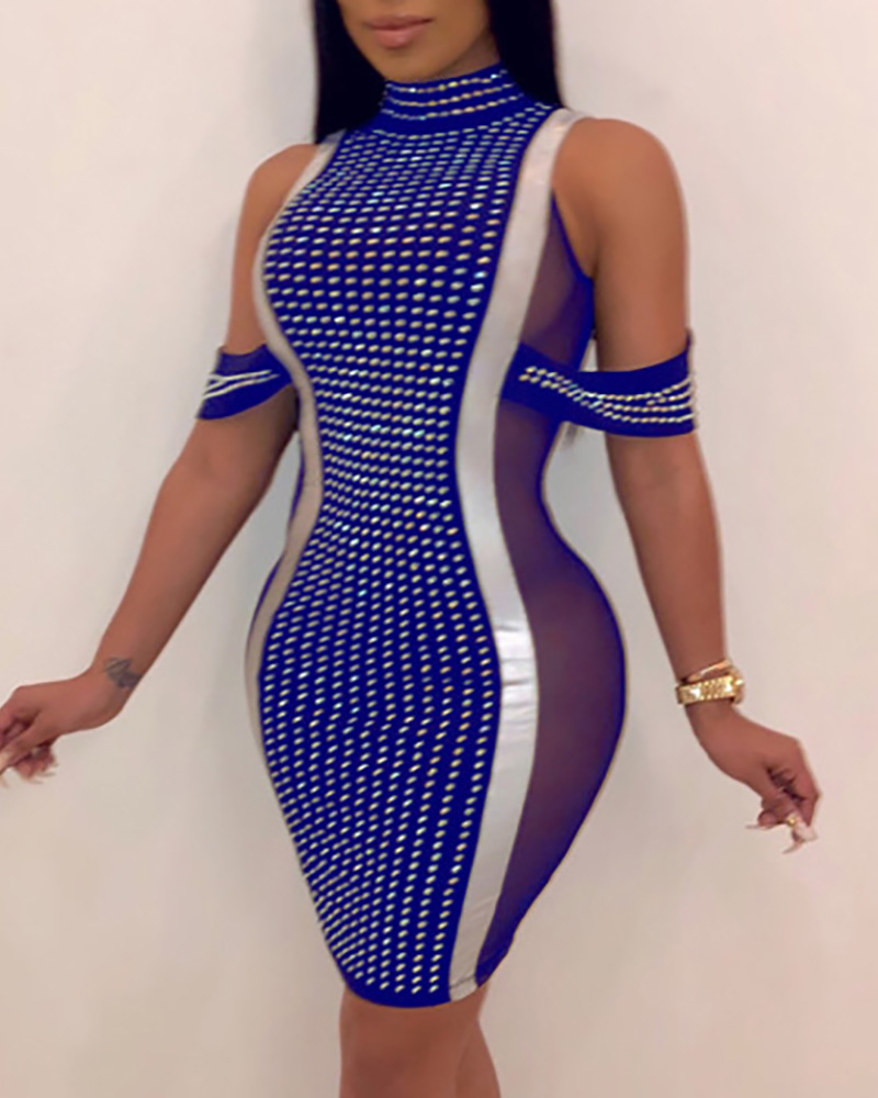 

Hot drilling Mesh splice Bodycon Dress, Blue