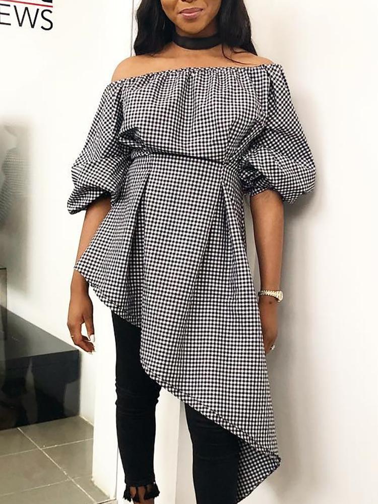 

Gingham Print Off Shoulder Irregular Hem Top