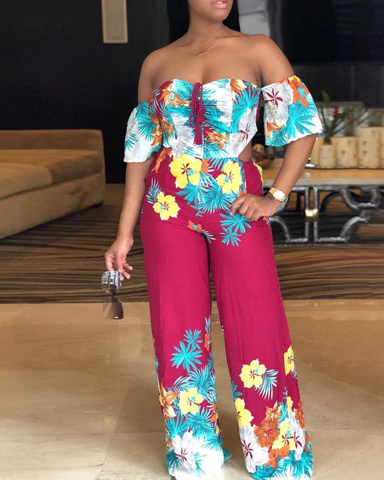 

Floral Sweetheart Cutout Waist Wide Leg Jumpsuit