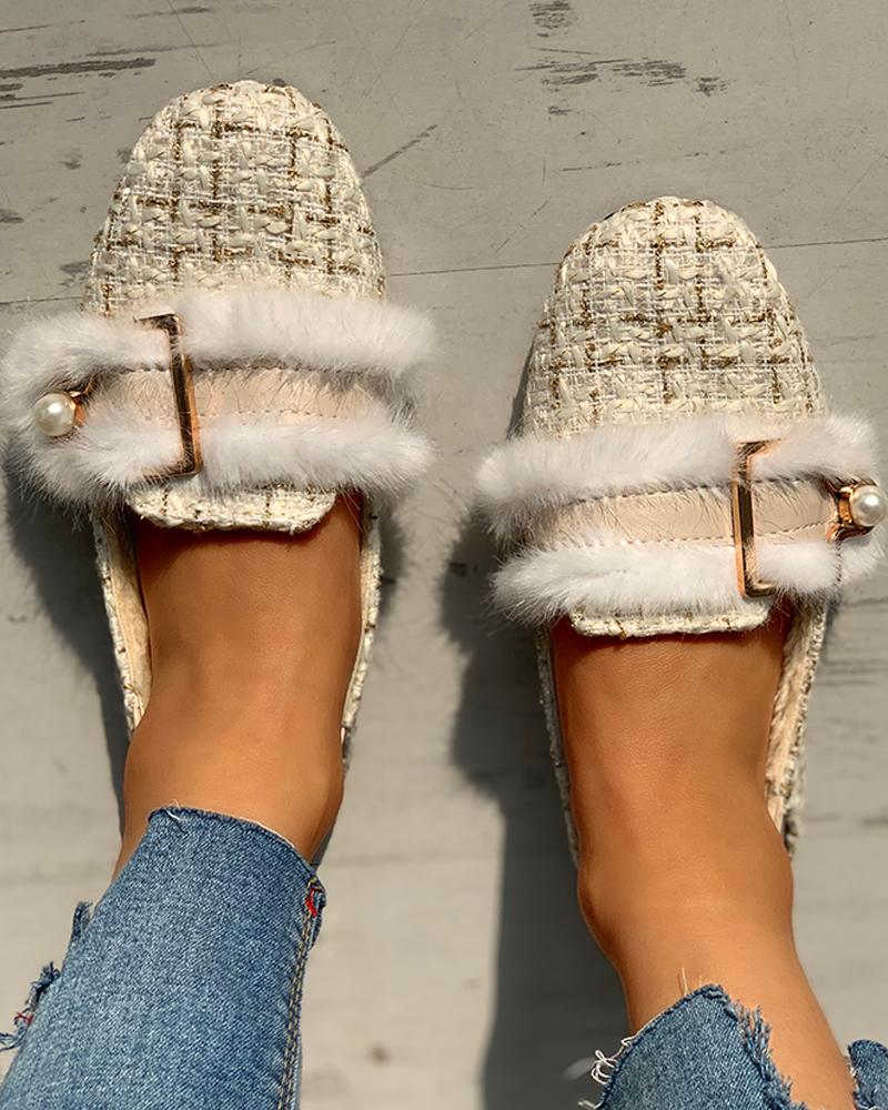 

Fluffy Beaded Detail Flat Shoes, Beige