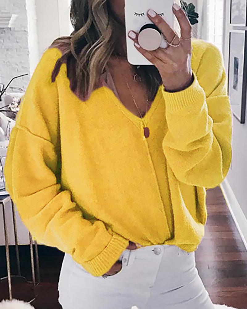 

Solid V Neck Long Sleeve Knitting Casual Sweater, Yellow