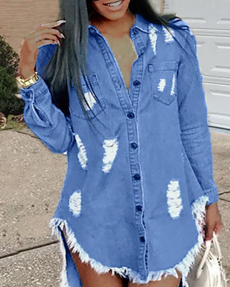 

Turn-down Collar Ripped Frayed Denim Shirt Dress, Blue