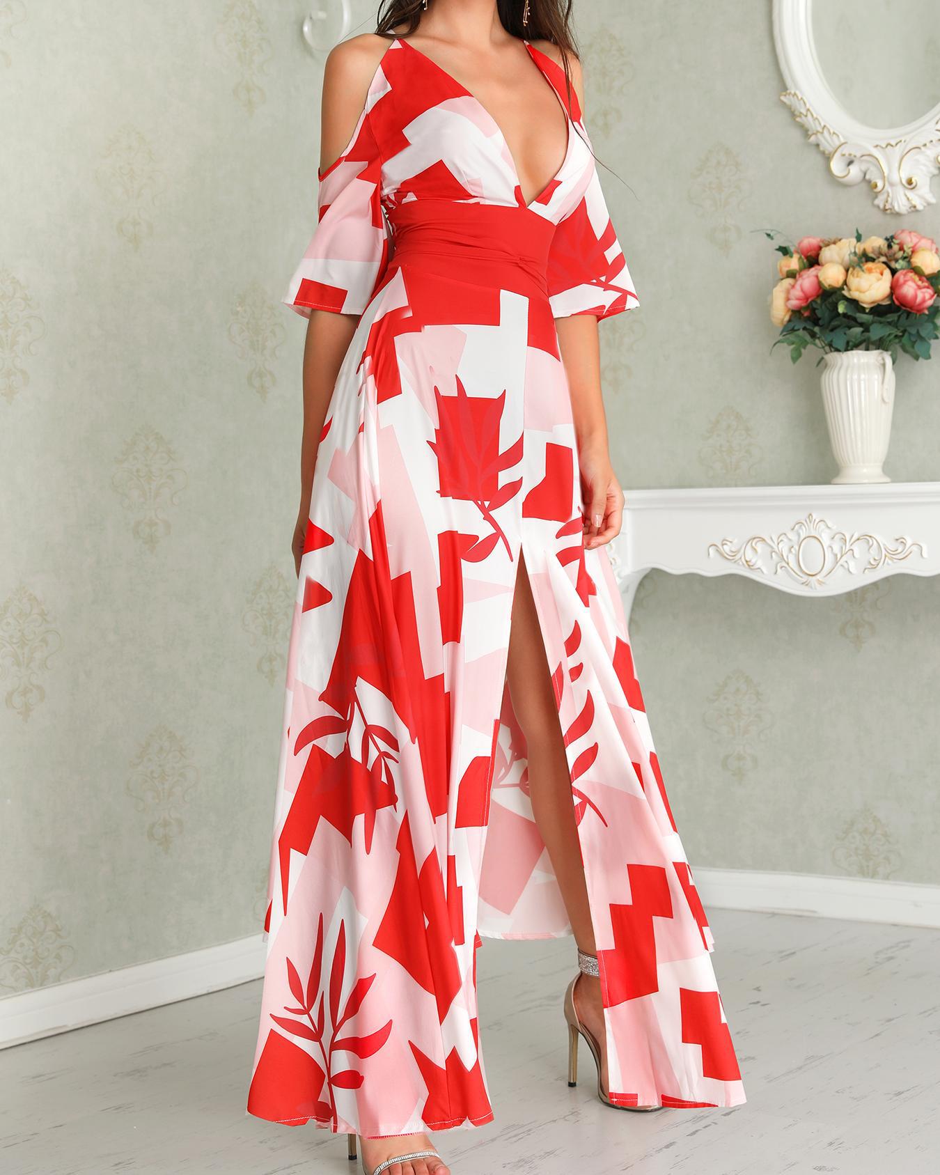 

Colorblock Plunge Cold Shoulder Thigh Slit Maxi Dress, Red