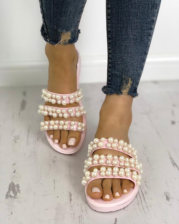 

Shiny Embellished Thick Strap Flat Sandals, Pink