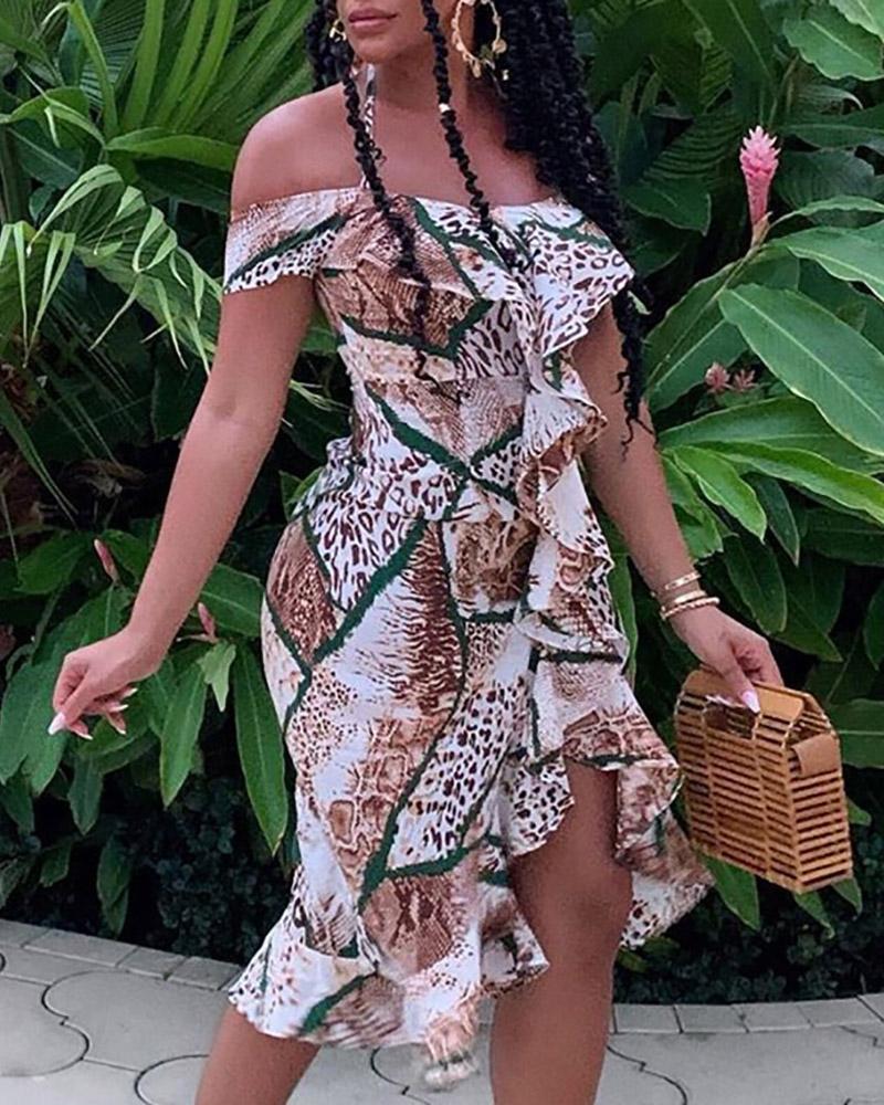 

Snakeskin Print Off Shoulder Ruffle Dress