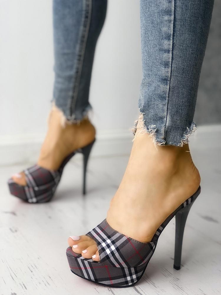 

Plaid Print Single Strap Platform Thin Heeled Sandals