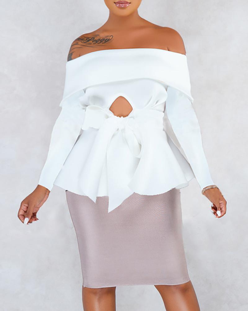 

Off Shoulder Keyhole Bowknot Ruffles Top, White