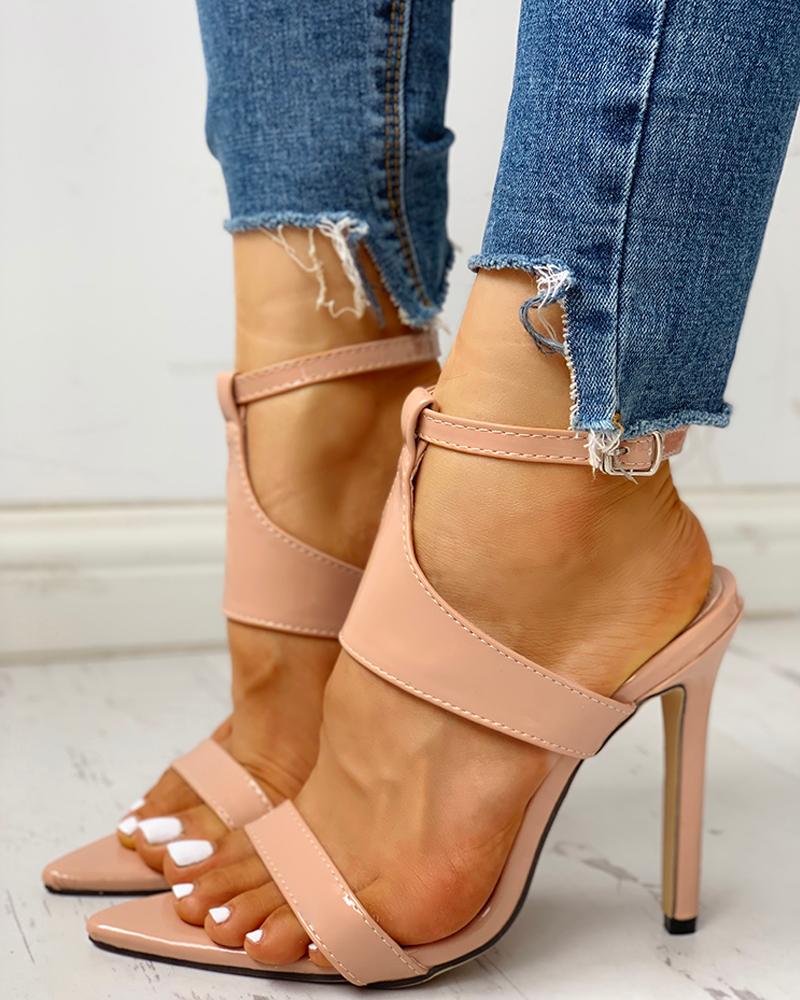 

Ankle Strap Buckled Slingback Thin Heels, Apricot