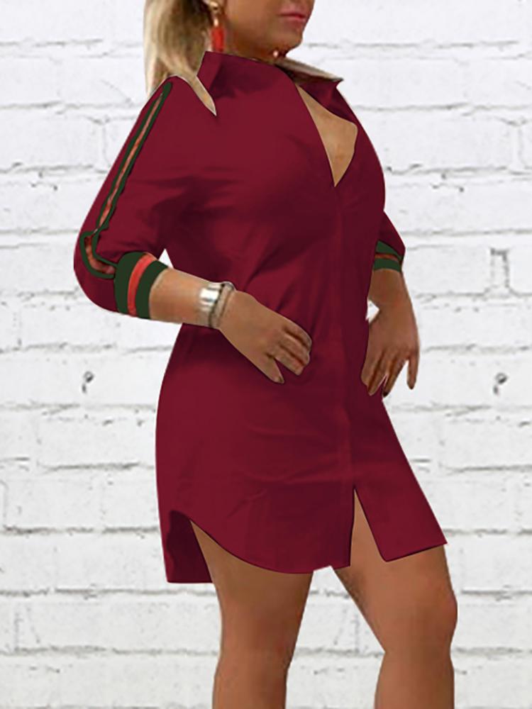 

Stripes Tape Button Up Shirt Dress, Wine red