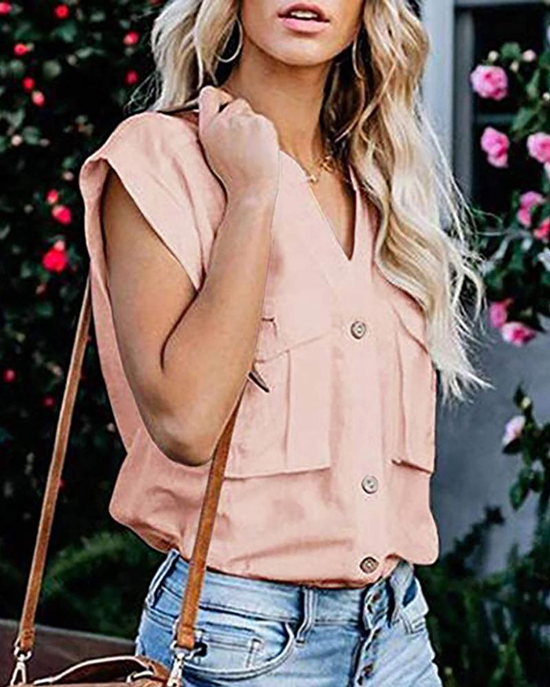 

Solid Buttoned Pocket Casual Blouse, Pink