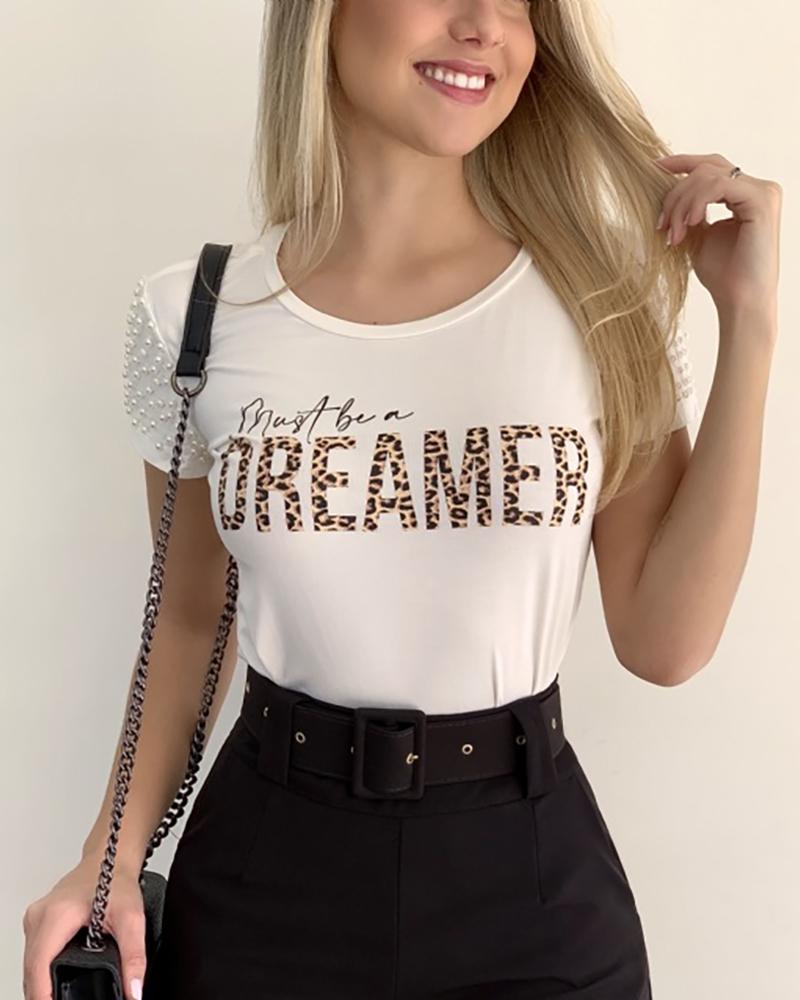 

Leopard Letter Print Beaded Casual T-shirt, White