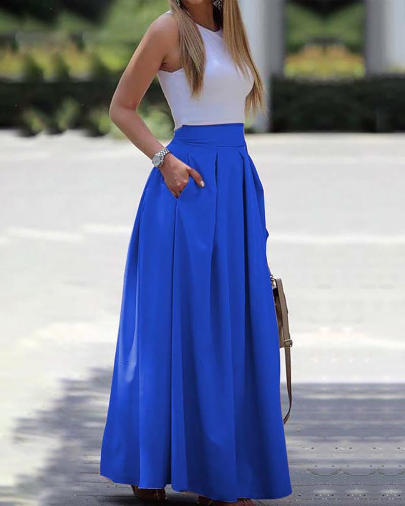 

Sleeveless Top & Ruched Pocket Design Maxi Skirt Set, Blue