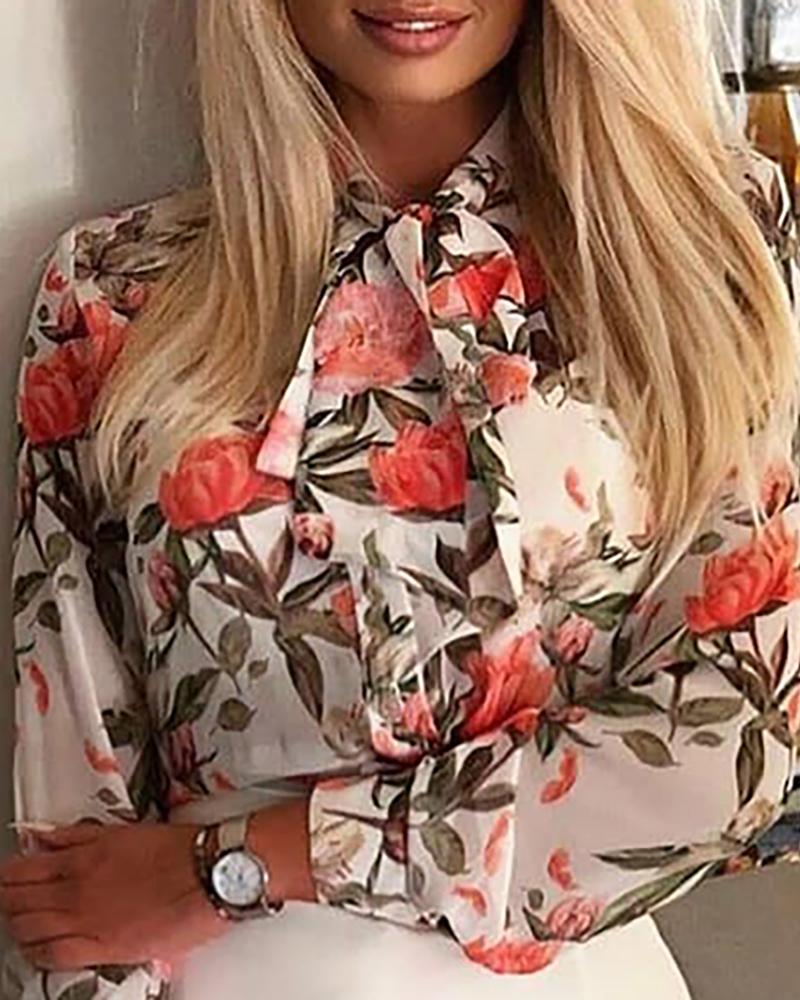 

Tied Neck Floral Print Long Sleeve Blouse, Multicolor