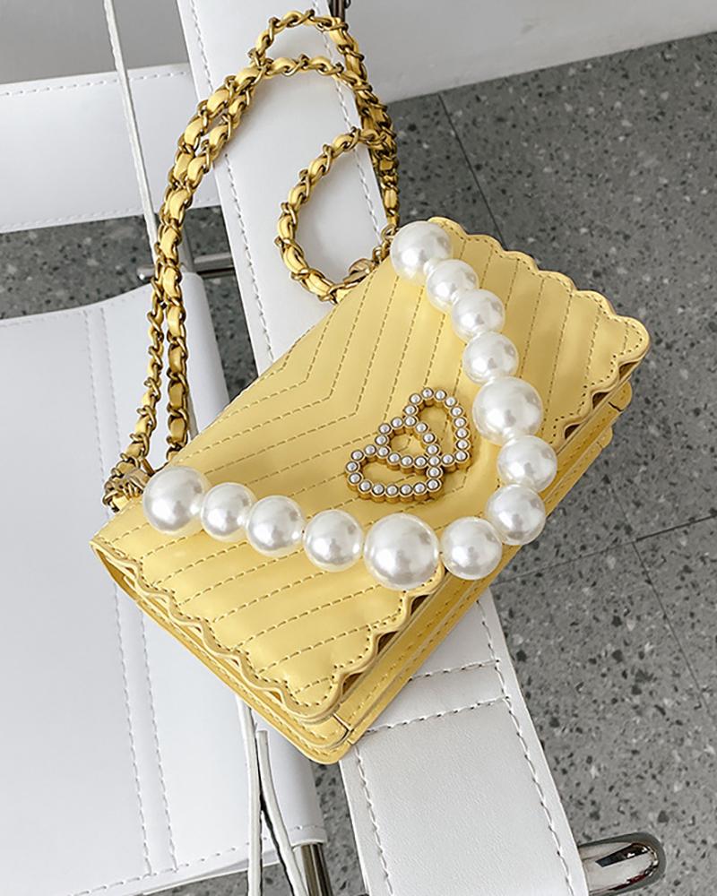

Beaded Double Heart Pattern Chevron Chain Satchel Bag, Yellow