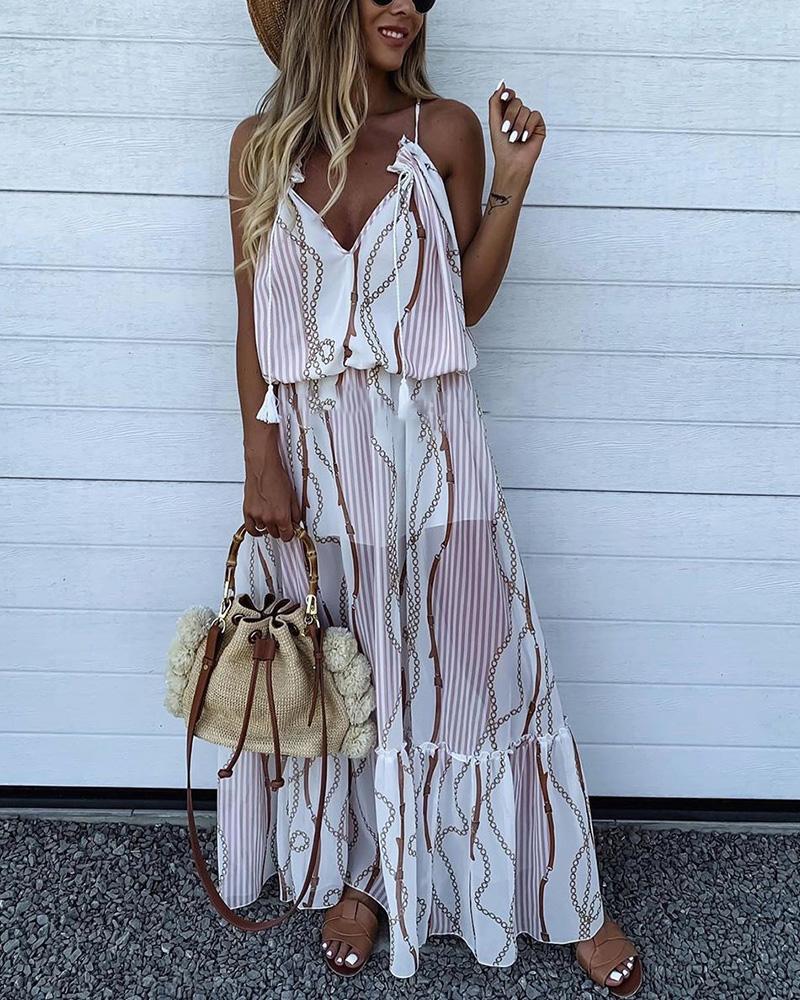 

Chain Print Tassel Detail Maxi Casual Dress, Multicolor