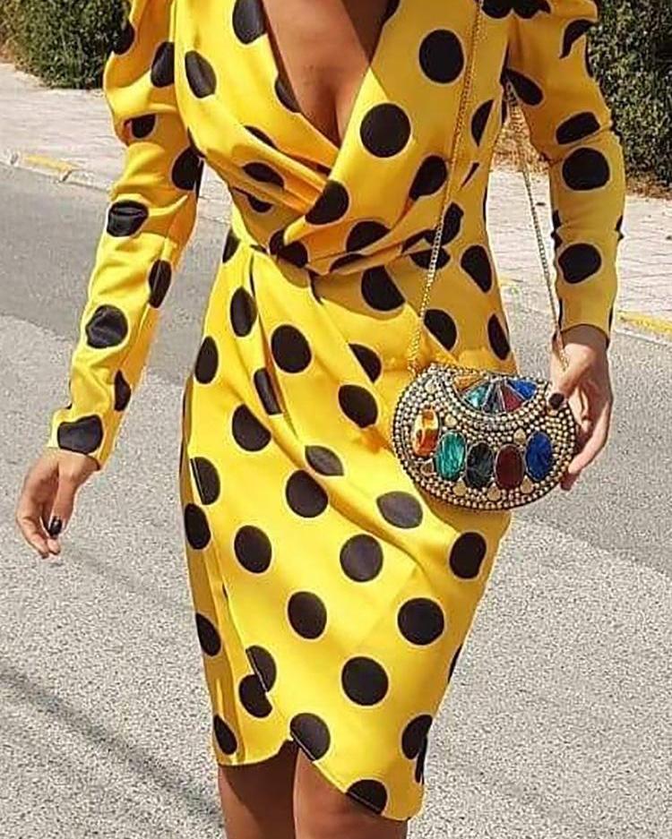 

Dots Print V-Neck Wrap Irregular Dress, Yellow