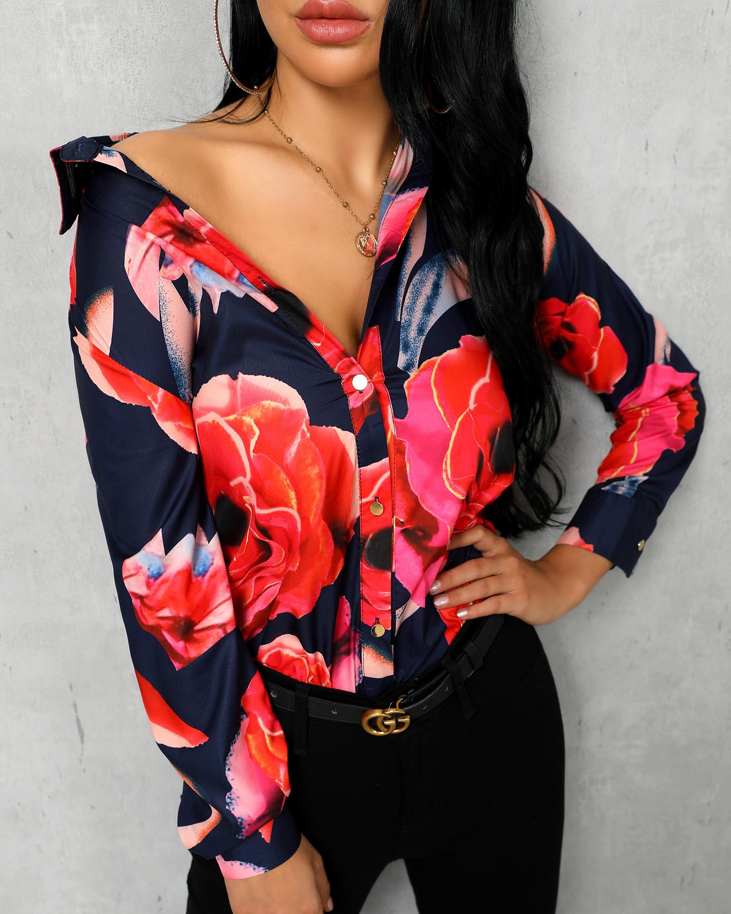 

Floral Print Long Sleeve Casual Shirt, Multicolor