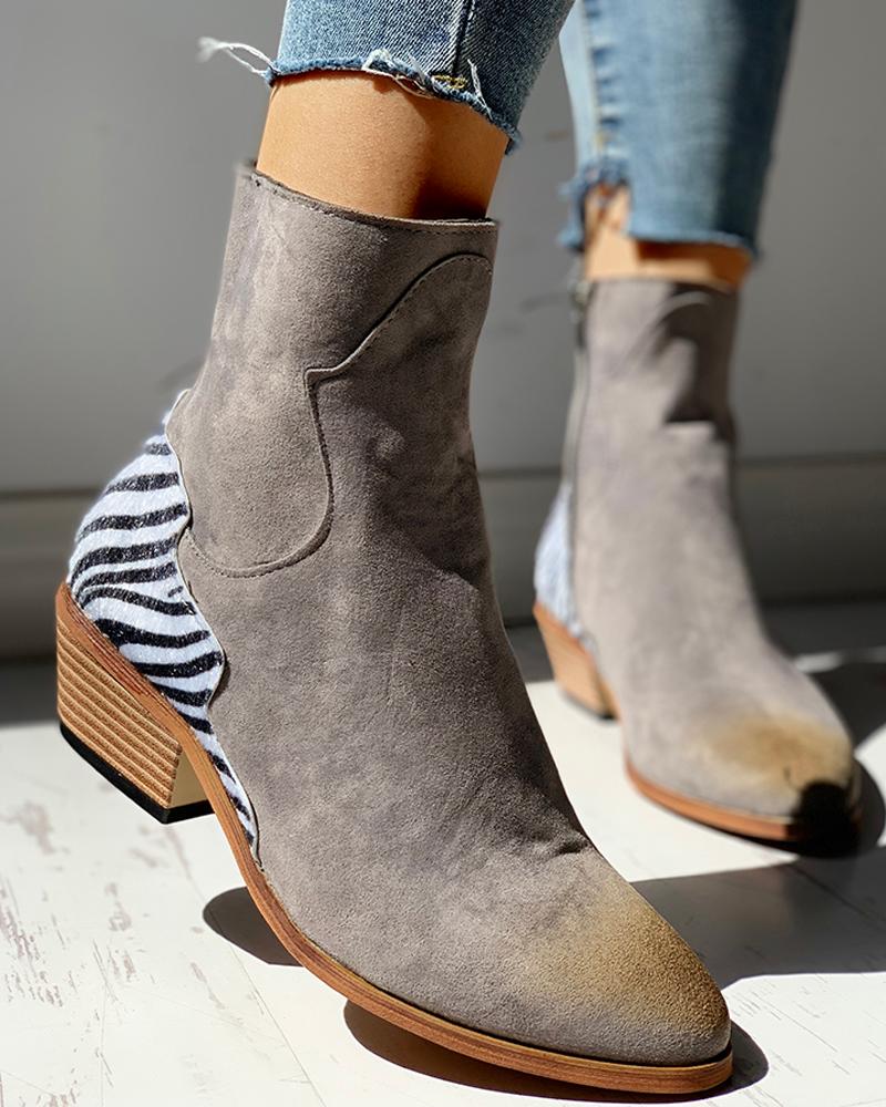 

Pointed Toe Zipper Zebra Print Chunky Heeled Boots, Light gray