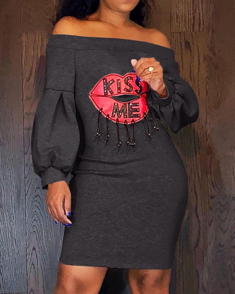 

Kiss Me Lip Pattern Off Shoulder Dress, Black