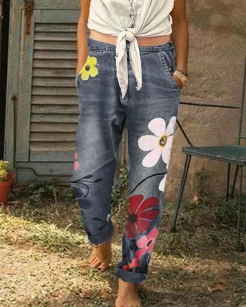 

Floral Denim Straight Leg Jeans, Gray