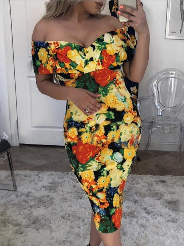 

Floral Print Off Shoulder Bodycon Dress, Yellow
