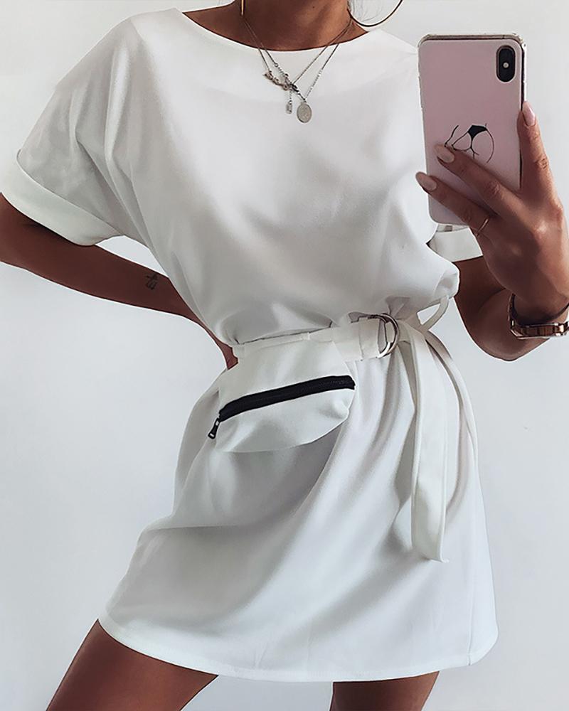 

Belt Bag Rolled Sleeve Casual T-shirt Dress, White