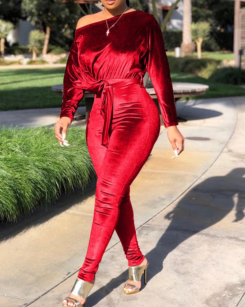

Solid Off Shoulder Ruched Jumpsuit, Wine red