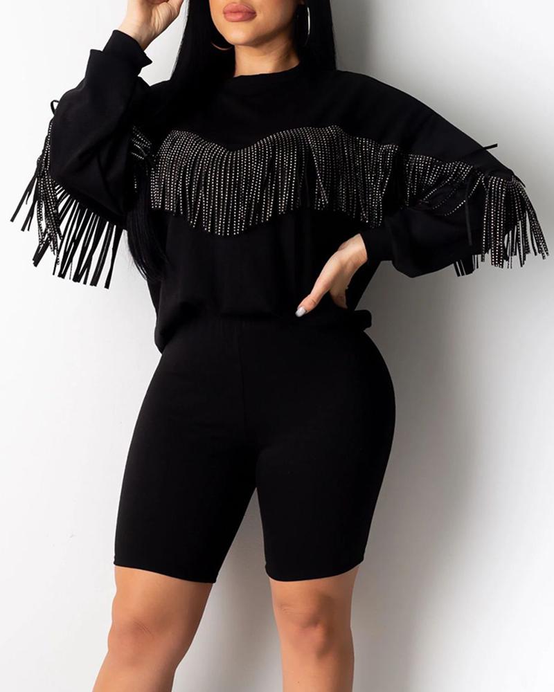 

Solid Tassel Design Long Sleeve Top & Short Sets, Black