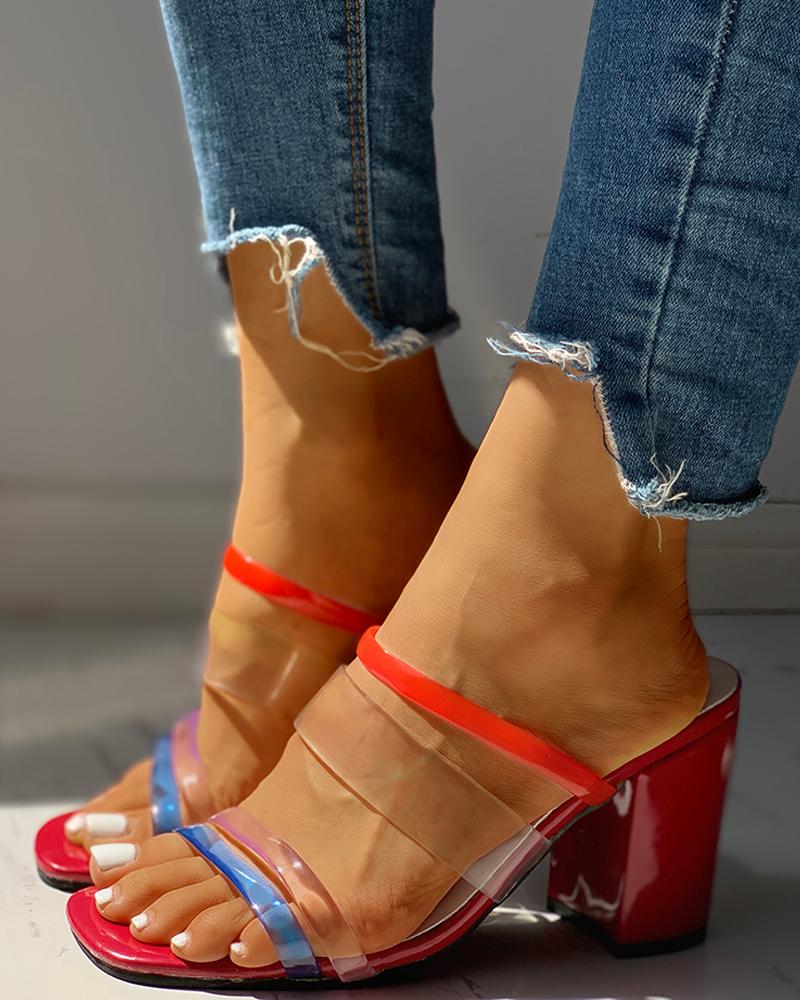 

Colorblock Open Toe Chunky Heeled Sandals, Red