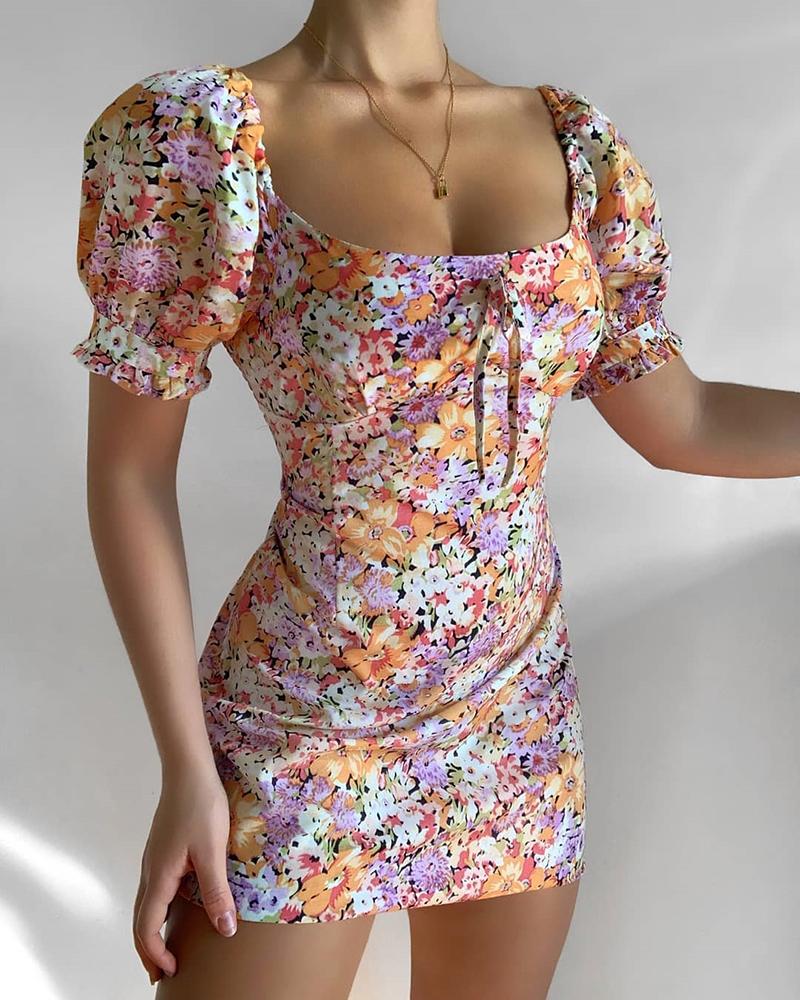 

Floral Print Puff Sleeve Frill Hem Dress, Multicolor