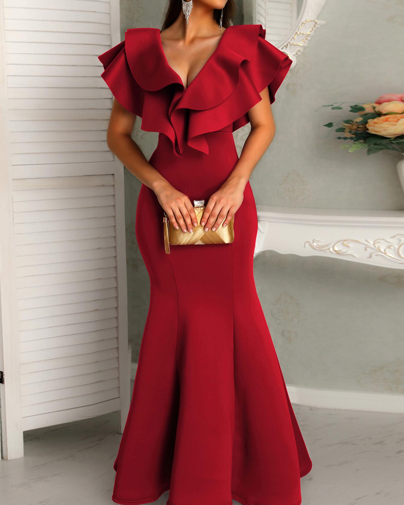 

Deep V Layered Ruffles Fishtail Evening Dress, Wine red